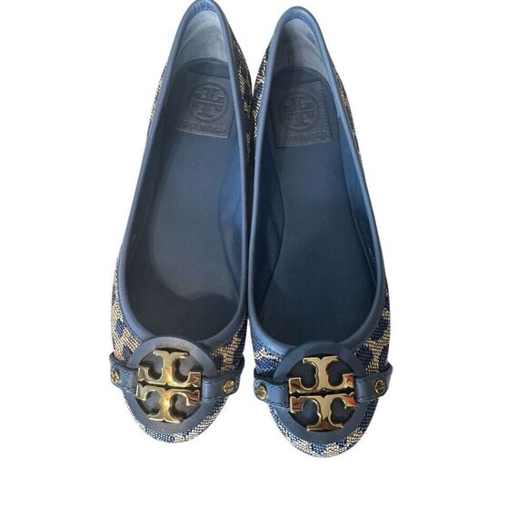 TORY BURCH AADEN Ballet Flat Leopard Raffia Leather Gold Logo Women's US 6.5 - Picture 1 of 8